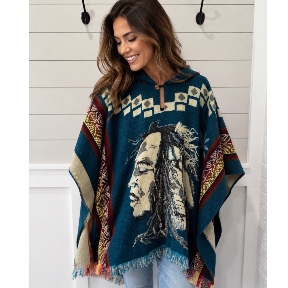 Native American Hooded Poncho Teal Woven Fringed Made Ecuador Cotton Blend